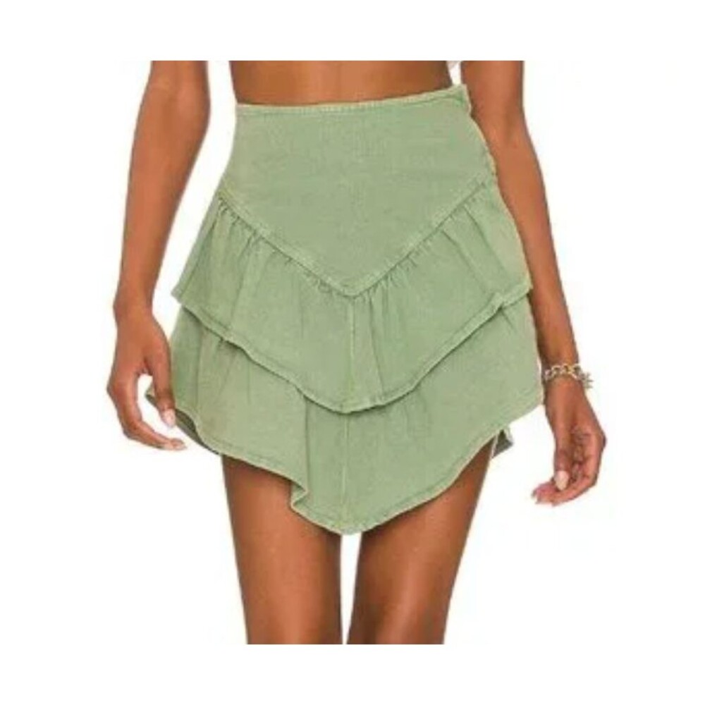 Mother The Ruffle Mini Skirt Green Loden Frost Cotton Blend - Women's 27
